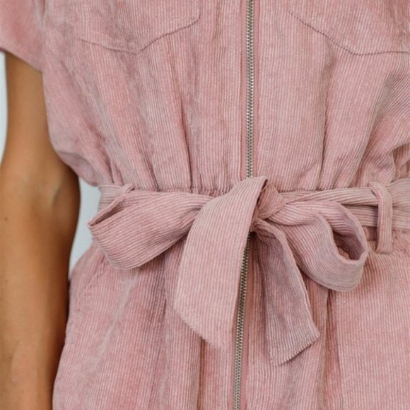 Mauve Velvet Short Sleeve Self-Tie Belted O-Ring Z - Picture 2 of 6